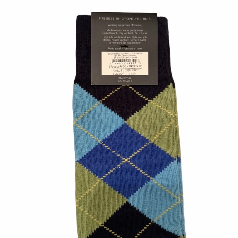 Saks Fifth Avenue Men’s Dress Socks Argyle & Stripe Blue Green Made in Italy